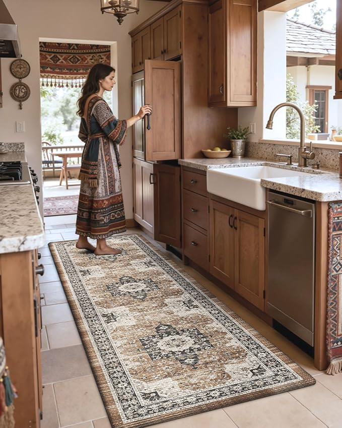 DEXI Kitchen Floor Mats Cushioned Anti Fatigue, 23x59 Long Wide Standing Comfort Runner Rug, Waterproof Retro Floral Memory Foam Padded for Front Sink Laundry, Brown/White