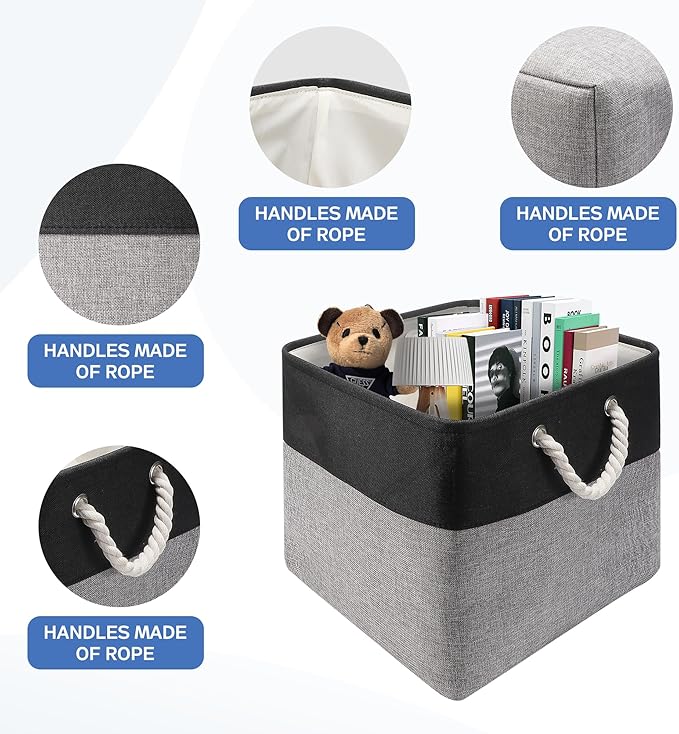 Collapsible Storage Bins, 4 Pack 11 x 11 Inch Foldable Fabric Cube Baskets with Cotton Rope Handles for Organizing Clothes, Toys, Books, Office, Closet (Black&Gray-11"x11"x11")