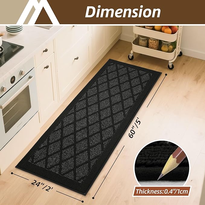 COSY HOMEER Kitchen Rug Non Slip Washable, 24"x60" Absorbent Kitchen Mats for Floor, Runner Rugs for Kitchen Floor, 100% Polypropylene Kitchen Sink Rug (Black)