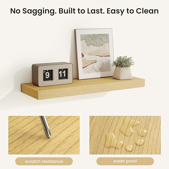 Fun Memories Rustic Wood Floating Shelves for Wall, Space-Saving Wall Mounted Shelves for Bathroom, Bedroom, Living Room and Kitchen, Stylish Storage & Display (Set of 2, Oak, 24 in)