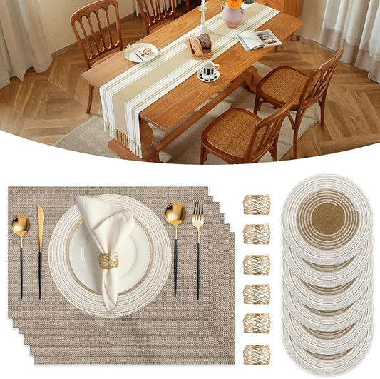 SK Studio 19Pcs Boho Table Runner Placemat and Napkin Ring Set Rectangle and Round Meal Mats Macrame Table Runner with Tassels for Wedding Kitchen Dining, Beige