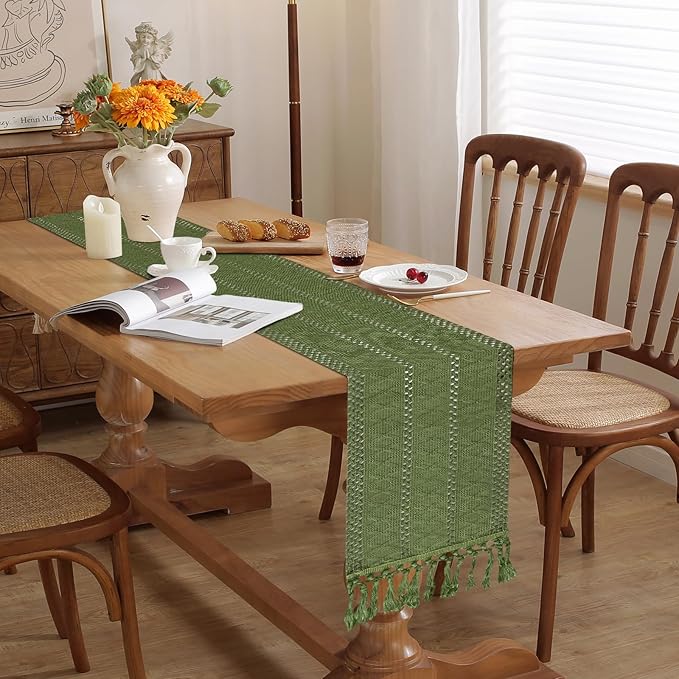 Niviy Sage Green Boho Table Runner for Home Decor 72 Inches Long with Tassels, Rustic Macrame Cotton Linen Woven Coffee Table Runners for Bohemian Dining Table Decoration, Green