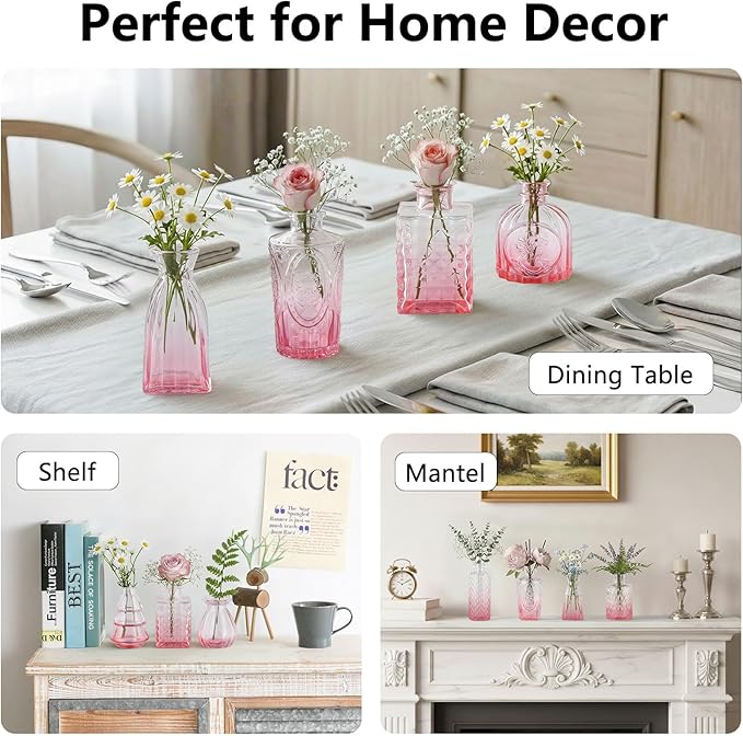RUCKAE 12 Pack Glass Bud Vases Mini Flower Vase Small Vintage Vases for Centerpiece Table Wedding Decorations Home Decor Party (Gradient Pink)