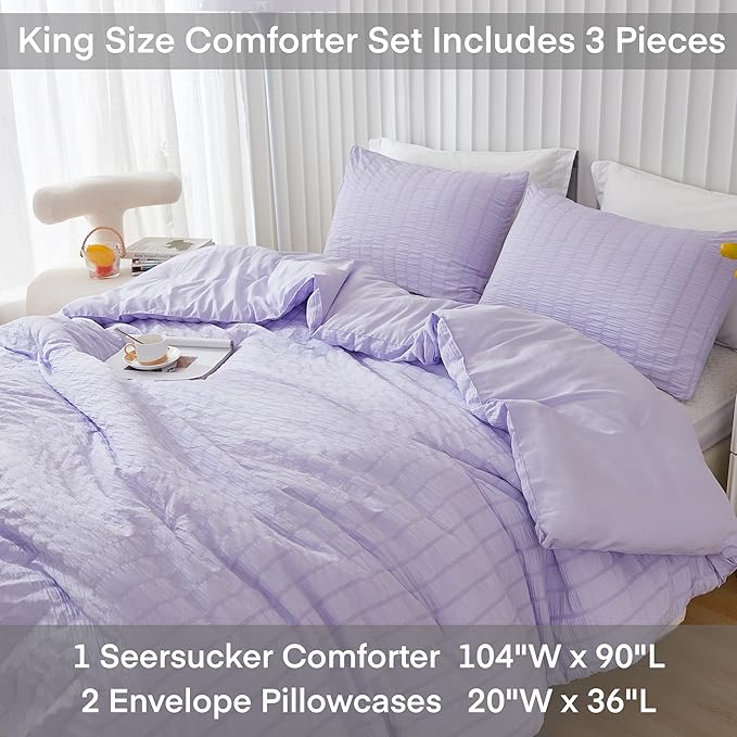 AveLom Lavender Purple Seersucker King Comforter Set(104x90 inches),3 Pieces-100% Soft Washed Microfiber Lightweight Comforter with 2 Pillowcases, All Season Down Alternative Comforter Set for Bedding