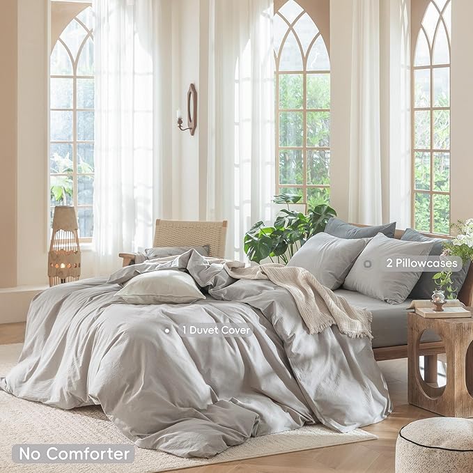 MooMee Bedding Duvet Cover Set 100% Washed Cotton Linen Like Textured Breathable Durable Soft Comfy (Solid Tan, King 104"x90")