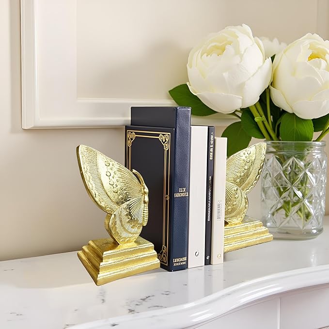 Golden Butterfly Bookends Set of 2 – Elegant Resin Book Stoppers, Heavy Duty Decorative Book Ends for Bookshelf, Home Office, and Gift