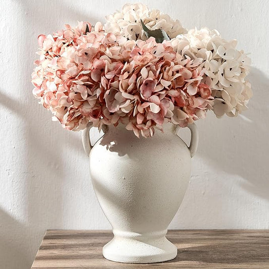 Ceramic Rustic Flower Vase with Handles, 8.46 Inch Tall Vintage Pottery Home Decor, Farmhouse Terracotta Vase for Living Room, Table, Shelf, Mantel Decoration, Farmhouse- White