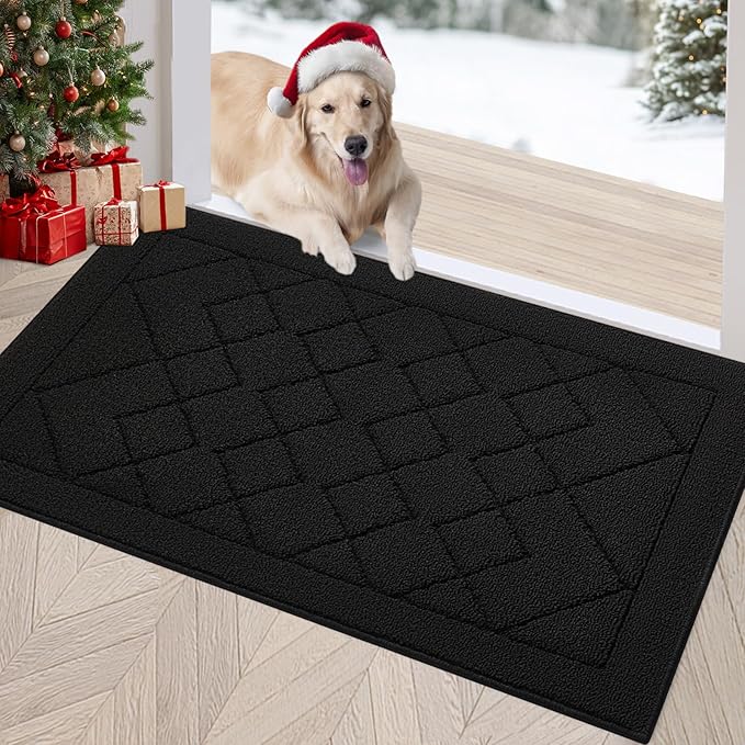 REFETONE Indoor Doormat, Front Back Door Mat 20"x32" Rubber Backing Non Slip Mats, Absorbent Washable Entrance Doormat for Entryway, Resist Dirt Low-Profile Inside Floor Mat for Muddy Shoes, Black
