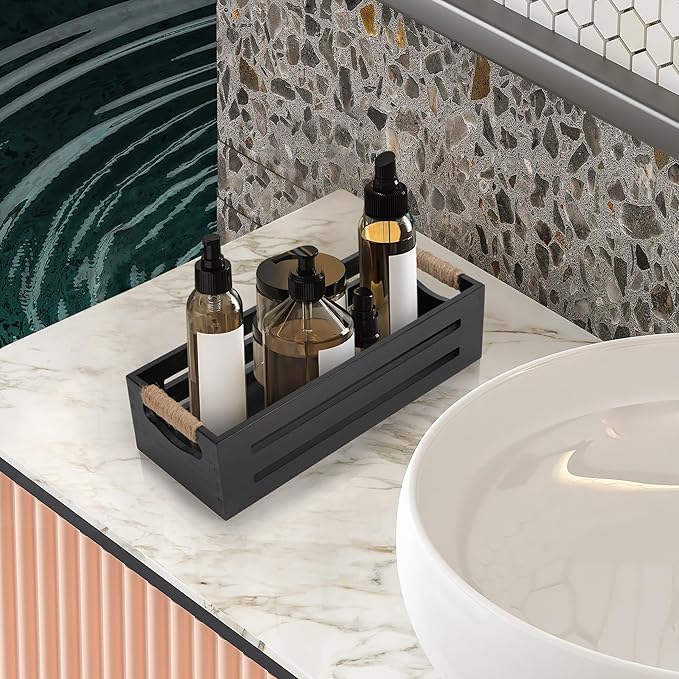 LotFancy Bathroom Decor Box, 2 Pack Toilet Tank Topper Basket, Wooden Bathroom Basket, Back of Toilet Storage Basket, Black Farmhouse Toilet Paper Holder