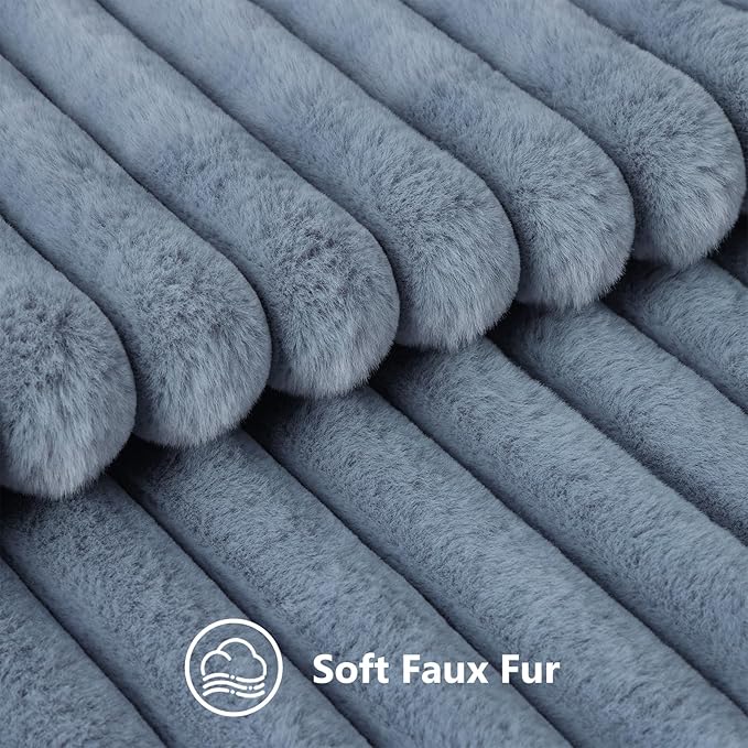 decorUhome Faux Fur Spring Throw Pillow Covers 24x24 Set of 2, Decorative Soft Plush Striped Neutral Couch Euro Sham Pillow Covers with Velvet Back for Sofa, Bed, Living Room Home, Grey Blue
