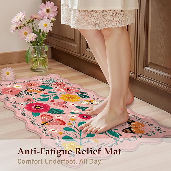 Scalloped Pink Kitchen Mats for Floor 2PC Cushioned Anti Fatigue Kitchen Mats Rugs Waterproof Non Slip Farmhouse Boho Floral Comfort Foam Standing Mat for Sink Laundry