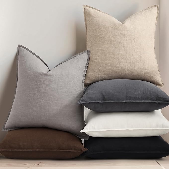 decorUhome Spring Decorative Linen Throw Pillow Covers 18x18 Inch Set of 2 Cream White Pillow Covers with Flange Edges Soft Farmhouse Boho Accent Pillow Cases for Couch Bed Living Room