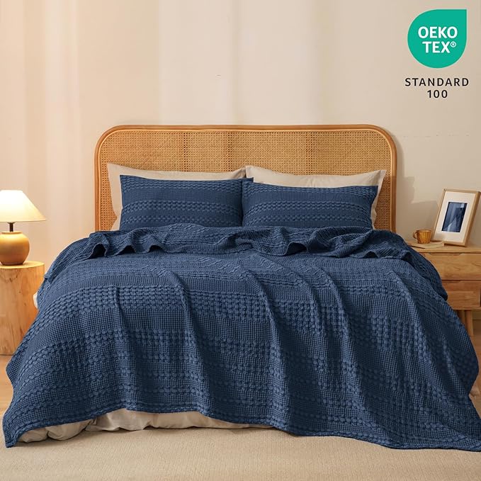 PHF 100% Cotton Waffle Weave Blanket Twin Size for Bed, Soft Lightweight & Breathable, All-Season Comfort, 300 GSM Luxury Aesthetic Blanket for Home Decor, 66"x90", Blue Sapphire