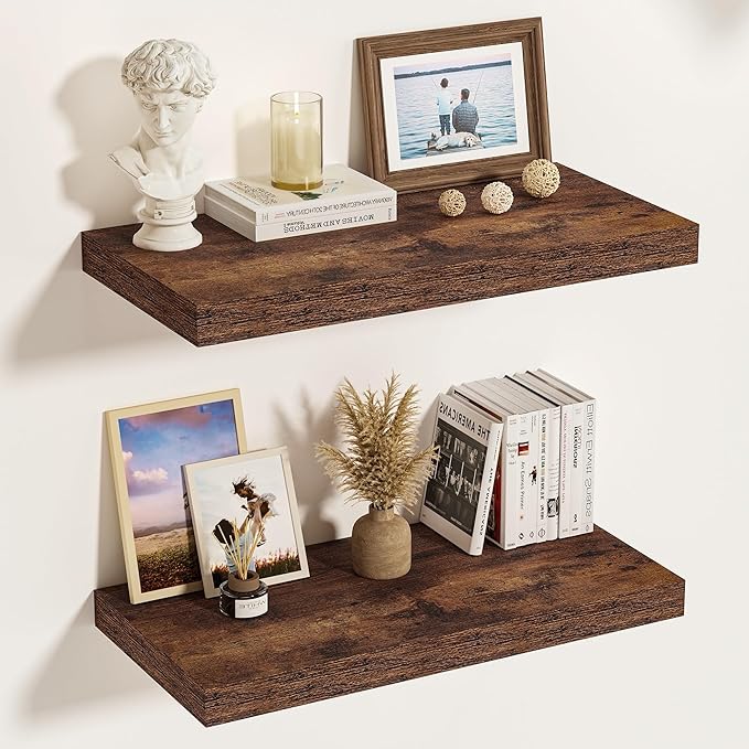 Vivelove 12" Deep Floating Shelves for Wall, 23.6" Long Wall Shelves for Living Room Bedroom Bathroom Kitchen Office, Farmhouse Rustic Shelves Home Decor, 23.6" X 12" X 1.5" Set of 2, Rustic Brown