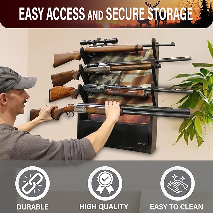 Rush Creek Creations, Gun Rack for Wall, Storage for 4 Guns, Rifles or Shotguns, American Flag Gun Rack Display, Wall Mount, Additional Storage for Gun Accessories