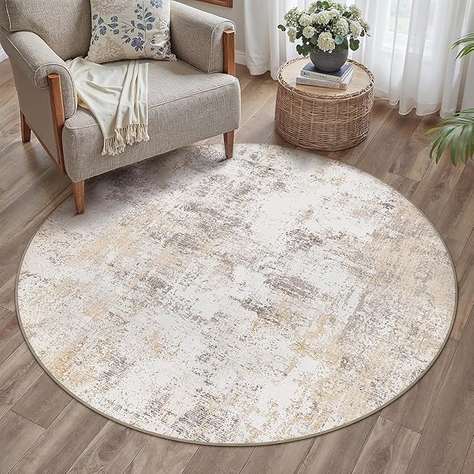 WondRg 3x3 Washable Round Rug Beige Grey Abstract Entryway Area Rug Neutral Modern Non Slip Soft Low Pile Small Carpet for Bathroom Kitchen Living Room Bedroom