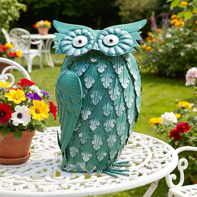 14" Metal Owl Statue - Handmade Cute Bird Sculpture for Yard & Garden Decor, Boho Home Accent for Shelf, Desk, Living Room, Bedroom, Office, Nice Gift for Bird Lovers