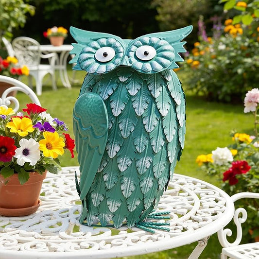 14" Metal Owl Statue - Handmade Cute Bird Sculpture for Yard & Garden Decor, Boho Home Accent for Shelf, Desk, Living Room, Bedroom, Office, Nice Gift for Bird Lovers