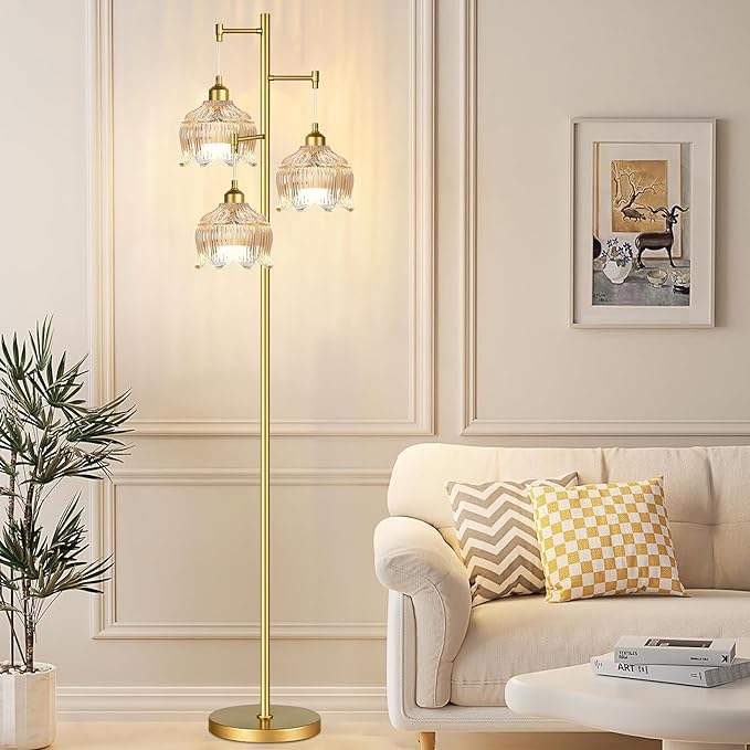 ZECOXOL Gold Floor Lamps for Living Room Bedroom-3 Light Glass Floor Lamp with Three Led Bulb,Mid Century Standing Lamp Vintage Brass Tall Lamp Tree Floor Lamp for Bedroom Corner