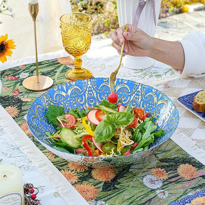 Sungmor 2PC 12.5'' Large Thick Glass Fruit Bowls, Moroccan Style Decorative Serving Bowls, Beautiful Centerpiece Snacks Bowl, Salad Mixing Bowl, Kitchen Counter Display Tray for Breads, Vegetables