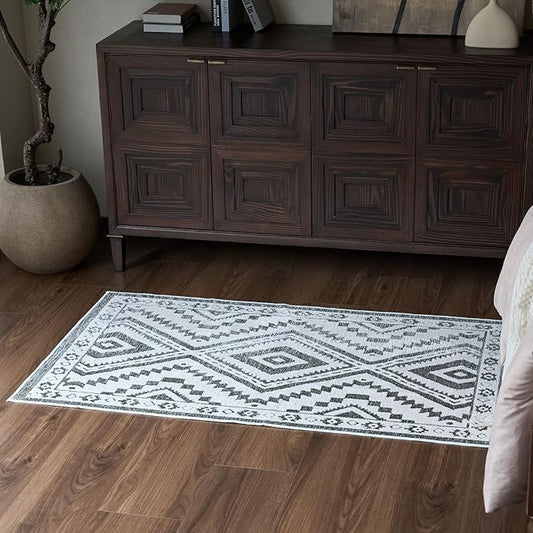 RAMEFILD Moroccan Washable Area Rug 3x5, Geometric Tribal Decorative Woven Rug, Non-Slip Boho Farmhouse Soft Low-Pile Area Rug for Living Room Bedroom Dining Table, Olive Green/White