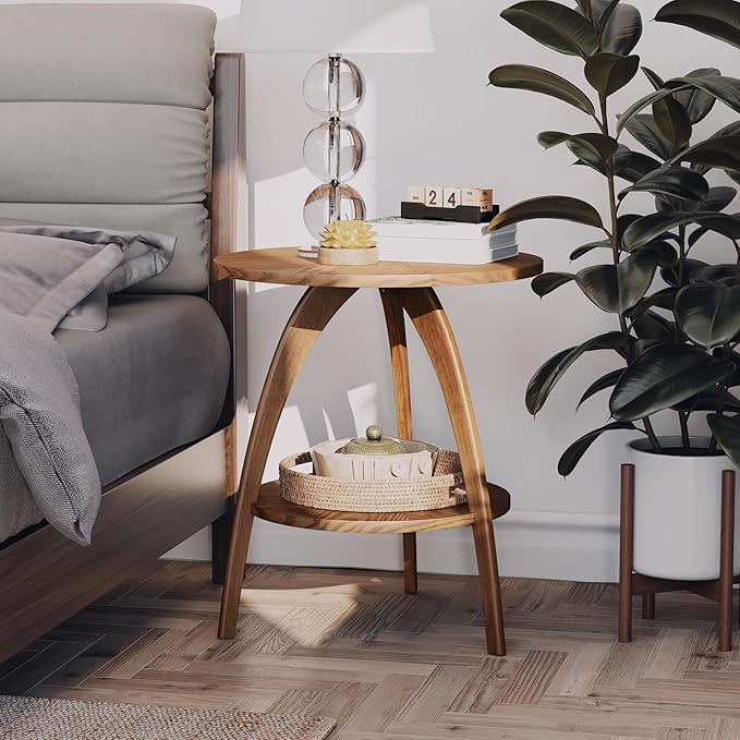 COZAYH Wood Round End Table with Storage Shelf, Walnut Finish Mid-Century Modern Accent Side Table with Curved Legs for Living Room, Easy Assembly, Stylish, Natural, Brown
