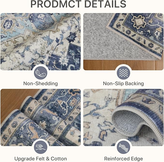 BESBLEE 2'6''x10 Runner Rugs for Hallway, Machine Washable Non Slip Vintage Rugs, Low Pile Lightweight Soft Print Rug for enrtyway, Corridor, Home Office, Kitchen, Center Blue