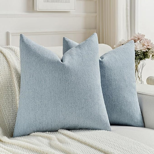 FUTEI Denim Blue Chenille Decorative Throw Pillow Covers 24x24 Inch Set of 2,Soft Cozy Faux Linen Textured European Pillow Shams,Farmhouse Home Decor for Couch Living Room