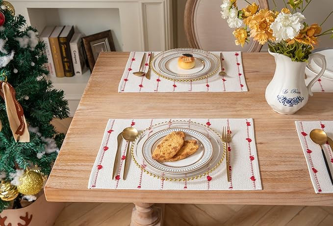 Christmas Valentines Placemats Set of 6, Cotton Linen Woven Table Mats for Modern Dining Table, 13x19 Inch Rustic Kitchen Valentine's Day Decorations Red Place Mats