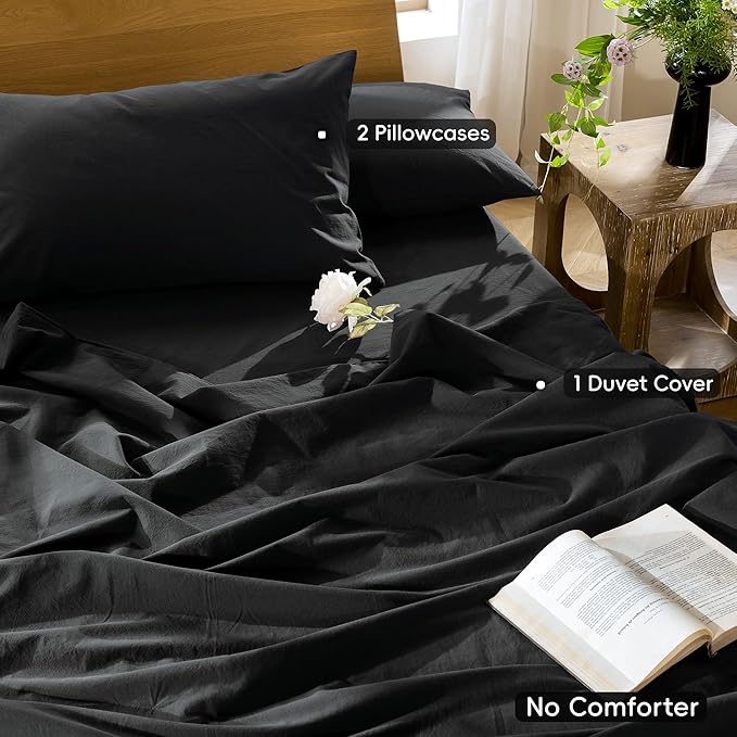 MooMee Bedding Duvet Cover Set 100% Washed Cotton Linen Like Textured Breathable Durable Soft Comfy (Solid Black, Queen 90"x90")