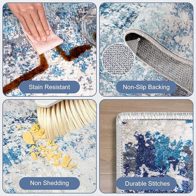AREAMAY Washable Area Rug for Living Room 6x9 - Neutral Modern Abstract Rugs, Soft Non Slip Thin Carpet with for Bedroom, Under Dining Room Table, Home, Office, Dorm - Blue Gray