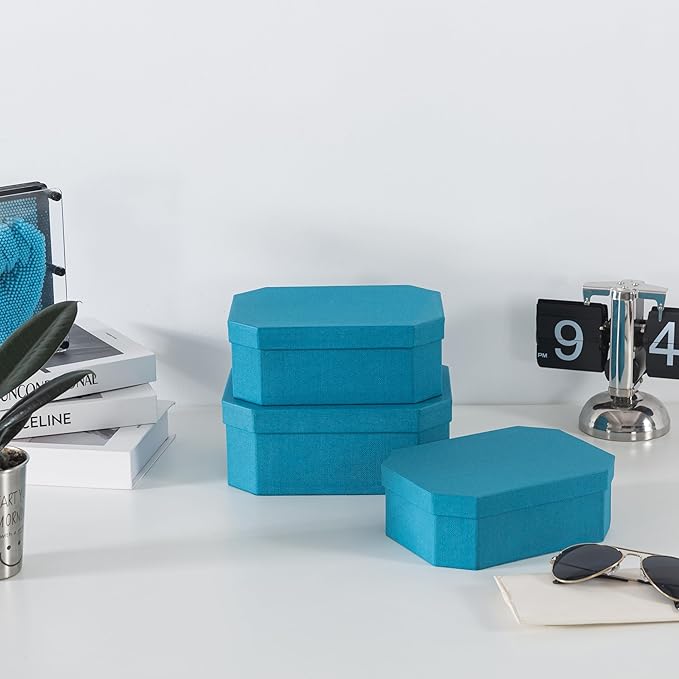 Soul & Lane Octagon Textured Decorative Storage Boxes in Blue, Set of 3 Nesting Durable Cardboard Memory Boxes for Keepsakes, Gifts, Organizing, and Home Decor