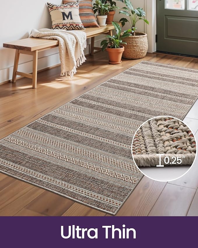DEXI Hallway Runner Rug 3.3x6.7, Woven Braided Farmhouse Runner Carpet Indoor, Absorbent Thin Long Entryway Runners for Kitchen, Laundry Room, Patio Entrance, Striped Brown