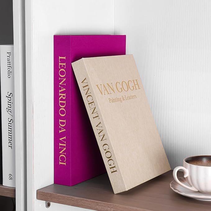 Premium Decorative Books - Set of 2 - Linen Storage Box for Coffee Table Faux Decor Boxes for Bookshelf Fake Books for Decoration for Living Room - Modern Home (Beige & Magenta)