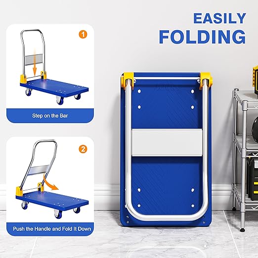 Flat Push Cart Dolly, Foldable Flat Bed Cart,Platform Cart Truck with 4 Wheels,440lb Weight Capacity Folding Platform Truck with Handle for Moving and Loading,360 Degree Swivel,(Blue)