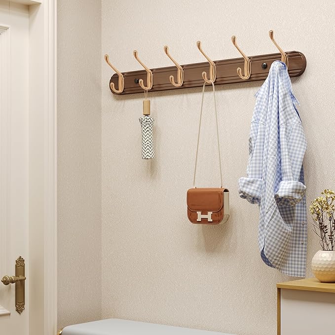 Coat Rack Wall Mount, Bamboo Coat Hanger with 6 Metal Pink Gold Hooks for Hanging Clothes, Towels, Keys, Hats, Bags(Brown)