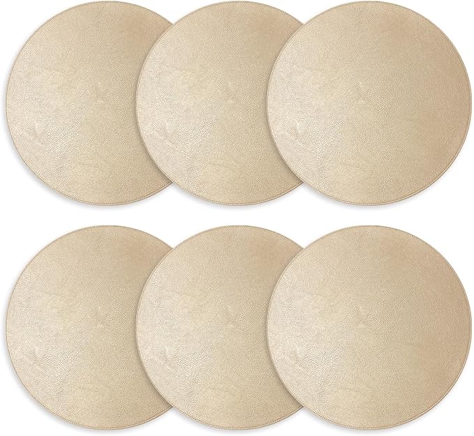 Placemats Set of 6 – Round 15” Faux Leather Table Mats for Dining, Heat Resistant & Non-Slip Washable Table, Indoor, Outdoor, Dining Table Set for 6, Modern Kitchen & Holiday Use, Champagne
