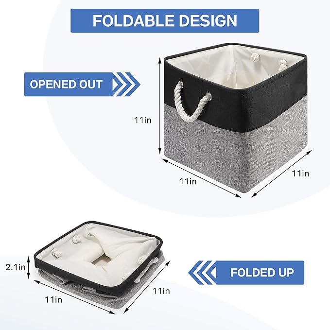Collapsible Storage Bins, 4 Pack 11 x 11 Inch Foldable Fabric Cube Baskets with Cotton Rope Handles for Organizing Clothes, Toys, Books, Office, Closet (Black&Gray-11"x11"x11")