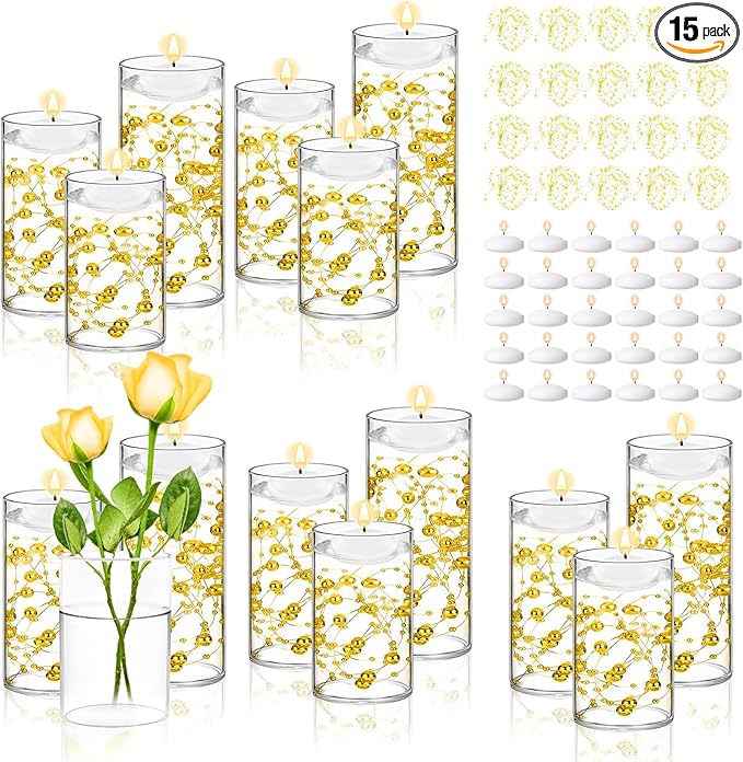 15 Set Glass Cylinder Vase with 20 Artificial Pearl String 30 White Floating Candle Cylinder Vase for Centerpieces 4"+ 6" + 8" Glass for Wedding Party Table Decor