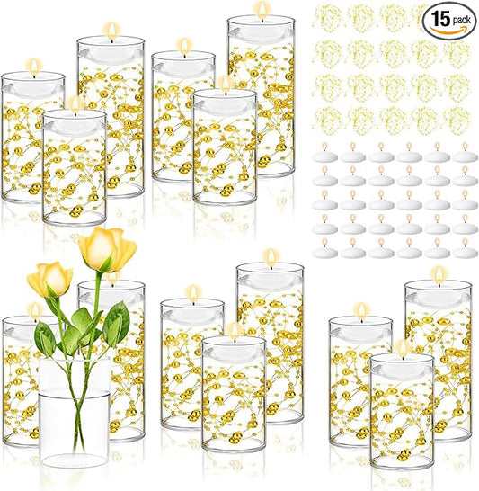 15 Set Glass Cylinder Vase with 20 Artificial Pearl String 30 White Floating Candle Cylinder Vase for Centerpieces 4"+ 6" + 8" Glass for Wedding Party Table Decor