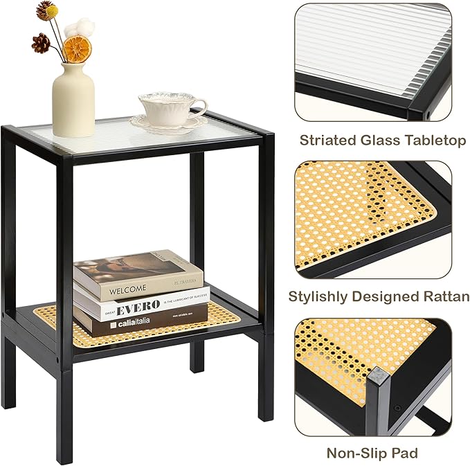 2-Tier Bamboo Side Table, Modern Glasstop Rattan Side Table, Mid Century Wood Sofa-Side End Tables for Living Room, Bedroom Night Stand with Storage, Small Narrow Coffee Tables, Black