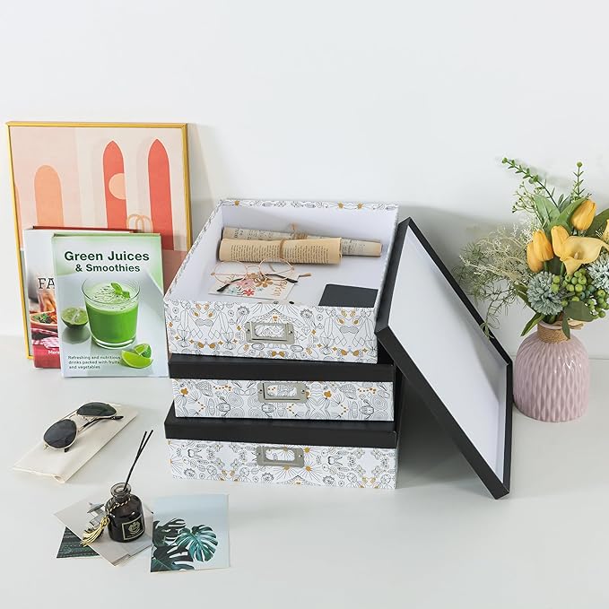 SLPR Decorative Cardboard Storage Boxes With Lids for Home Décor, Set of 3 Pretty Black and Gold Photo Storage, Memory Boxes For Keepsakes, Documents, Letter Papers, Organizing