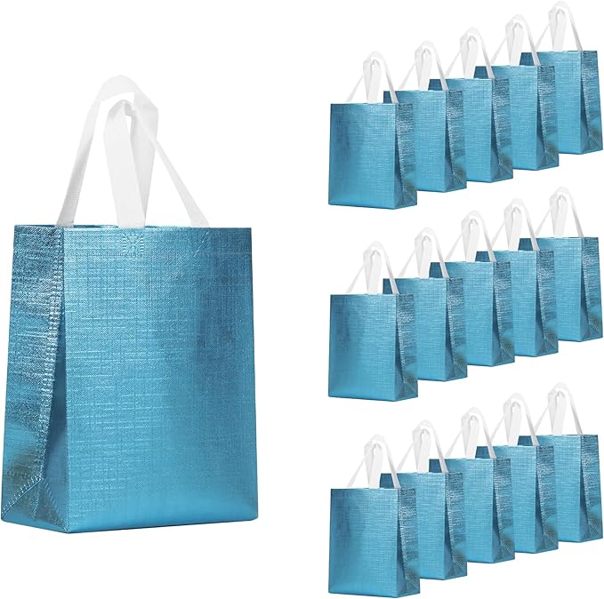 16 Pcs Metallic Bling Blue Gift Bags Bulk with Cardboard Bases, Glossy Small Reusable Party Bags for Birthday, Wedding, Christmas, Parties- 10.2x3.9x8.3 In