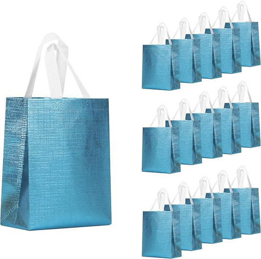 16 Pcs Metallic Bling Blue Gift Bags Bulk with Cardboard Bases, Glossy Small Reusable Party Bags for Birthday, Wedding, Christmas, Parties- 10.2x3.9x8.3 In