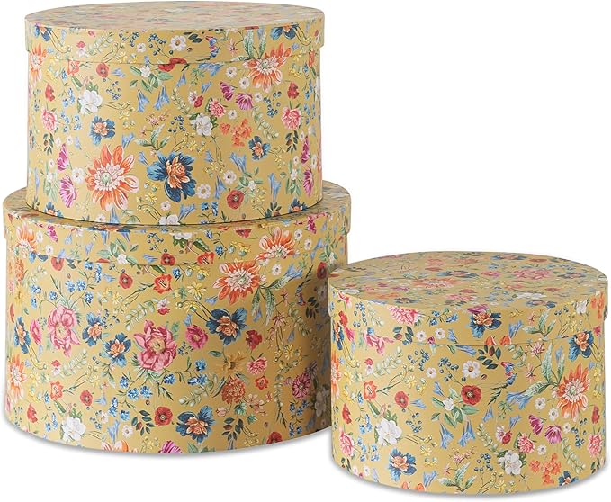 Soul & Lane Botanica Bliss Gold Round Hat Boxes with Lids - Set of 3: Nesting Cardboard Hat Storage, Boho Floral Print Cases, Stacking Circle Decorative Keepsake Boxes