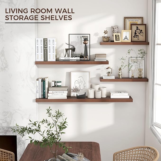 Floating Shelves for Wall 24"W x 6.7"D x 1.37"H, Engineered Wood Wall Shelves with Invisible Brackets for Living Room Bedroom Bathroom Office Kitchen Decor and Storage, Walnut Finish, Set of 2