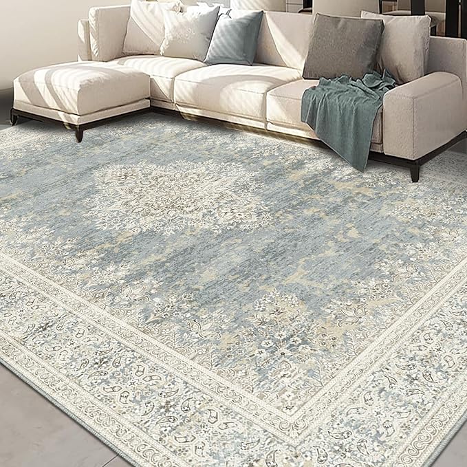 Fortsea Area Rug 7x9, Washable Gray Vintage Rug, Traditional Floor Cover Thin Rug, Retro Indoor Distressed Non Slip Carpet, Floral Print Mat Living Room Bedroom (Grey/Light Camel, 7X9)