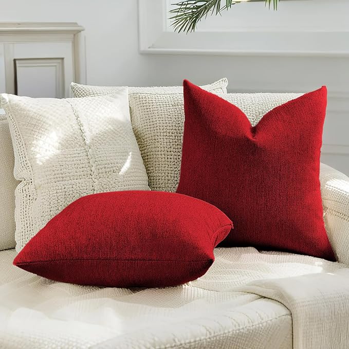 HAUSSY Red Throw Pillow Covers 16x16 Inch Set of 2,Boho Decorative Faux Linen Throw Pillows Cozy Farmhouse Accent Cushion Covers,Home Decor for Couch Sofa Bed Living Room