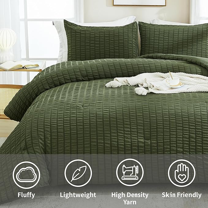 AveLom Dark Olive Green Seersucker King Comforter Set (104x90 inches), 3 Pieces-100% Soft Washed Microfiber Lightweight Comforter with 2 Pillowcases, All Season Down Alternative Bedding Set