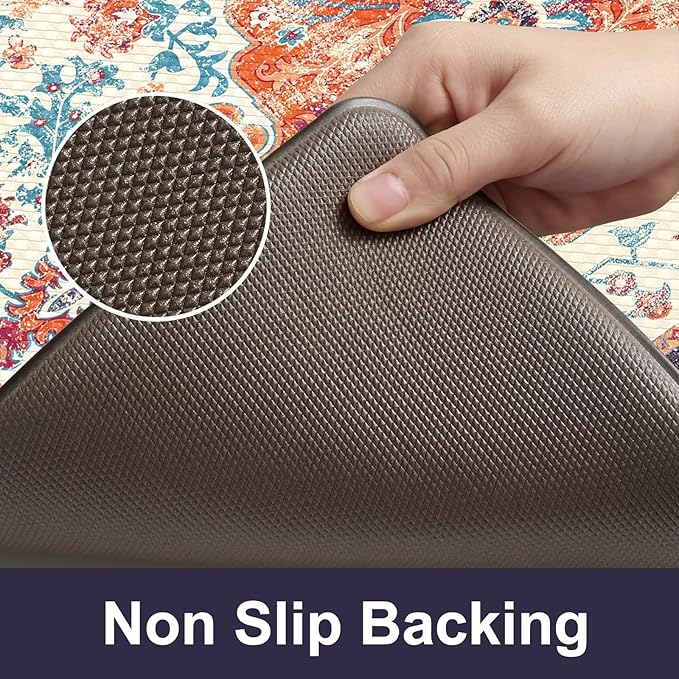 KIMODE Anti Fatigue Kitchen Mat, Boho Distressed Kitchen Rugs Sets of 2, Kitchen Floor Mats Non Slip Cushioned, Waterproof Standing Mat for Laundry, Office, Sink, Desk, Orange/Purple